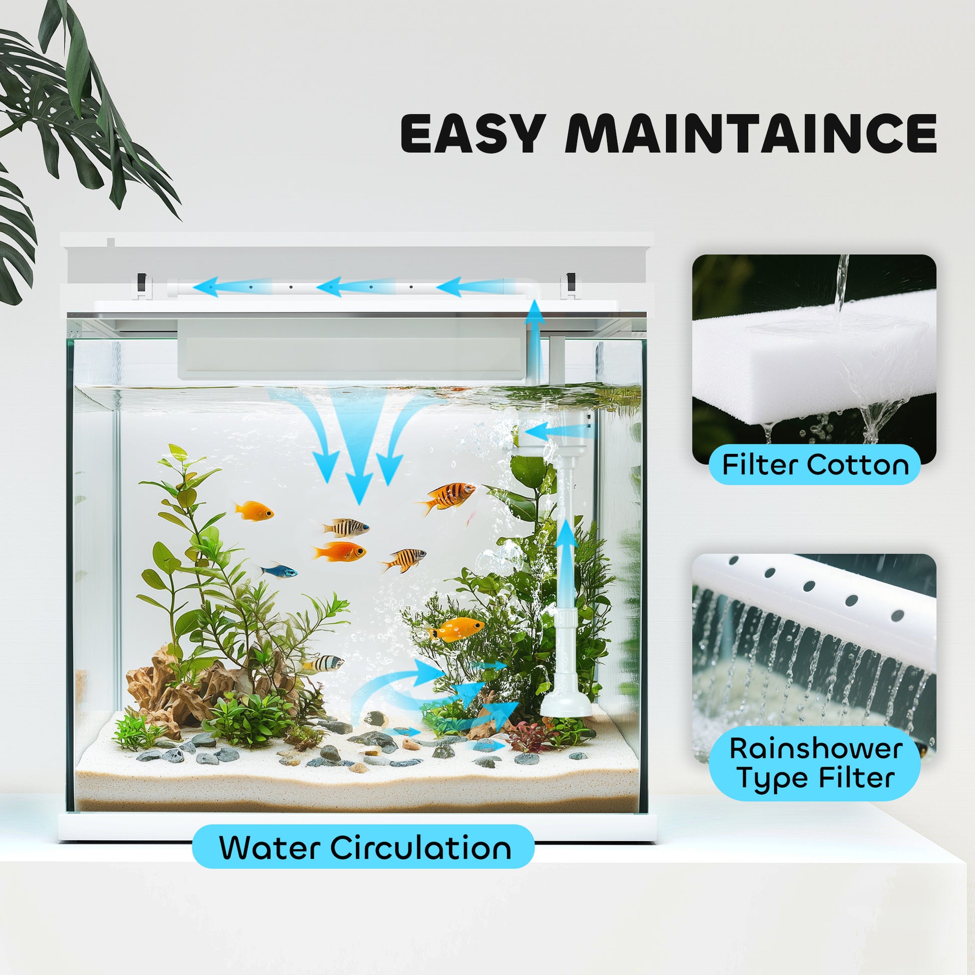PawHut 26L Glass Fish Tank With Filter System, LED Lights, Water Pump, White