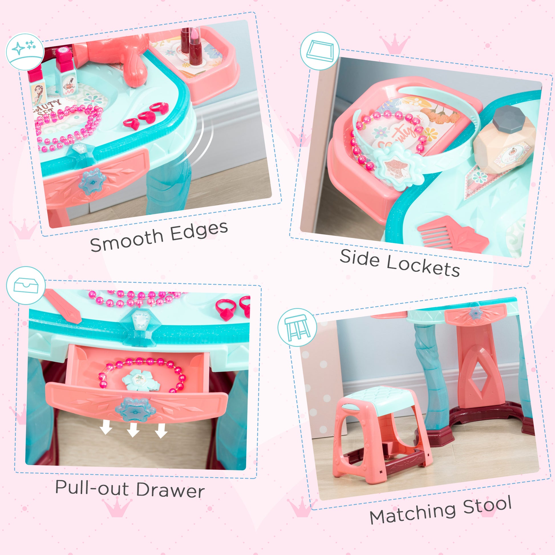 HOMCOM 31 PCS Kids Dressing Table Set with Magic Princess Mirror, Musical Pretend Toy W/ Beauty Kit Mirror Light & Music, for 3-6 Years Old Blue+Pink