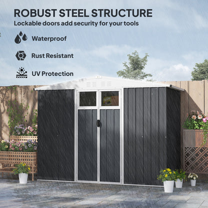 Outsunny 8 x 4 ft Metal Garden Shed, Garden Storage Shed with Window, 4 Vents and Lockable Door, Waterproof Galvanised Steel Tool Storage Shed, Dark Grey