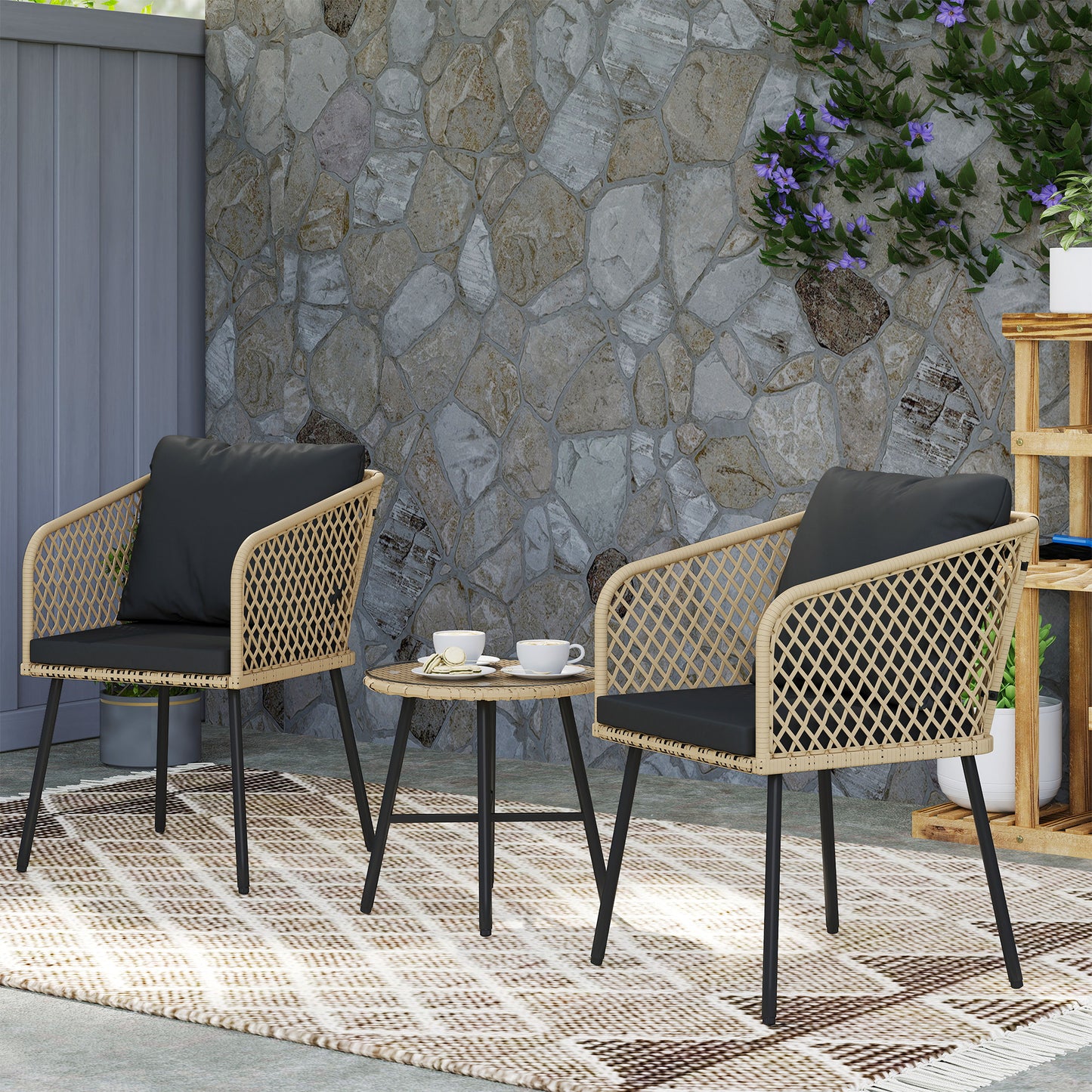 Outsunny Three-Piece Cut-Out Rattan Chair and Table Set - Brown/Black