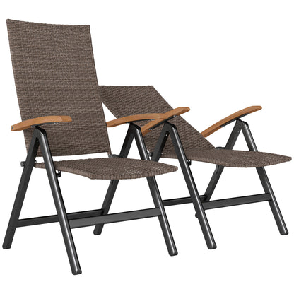 Outsunny 2 Pieces Outdoor Foldable Dining Chair with Armrests, High Backrest, for Garden, Camping, Balcony, Brown