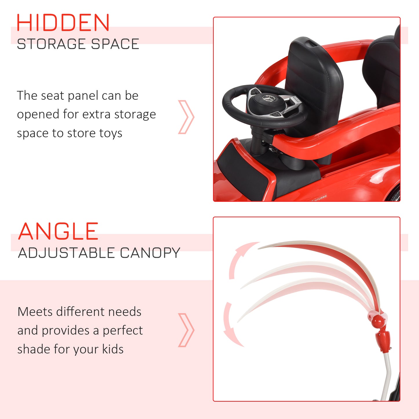 HOMCOM 3 in 1 Ride On Push Along Car Mercedes Benz for Toddlers Stroller Sliding Walking Car with Sun Canopy Horn Safety Bar Cup Holder Ride on Toy