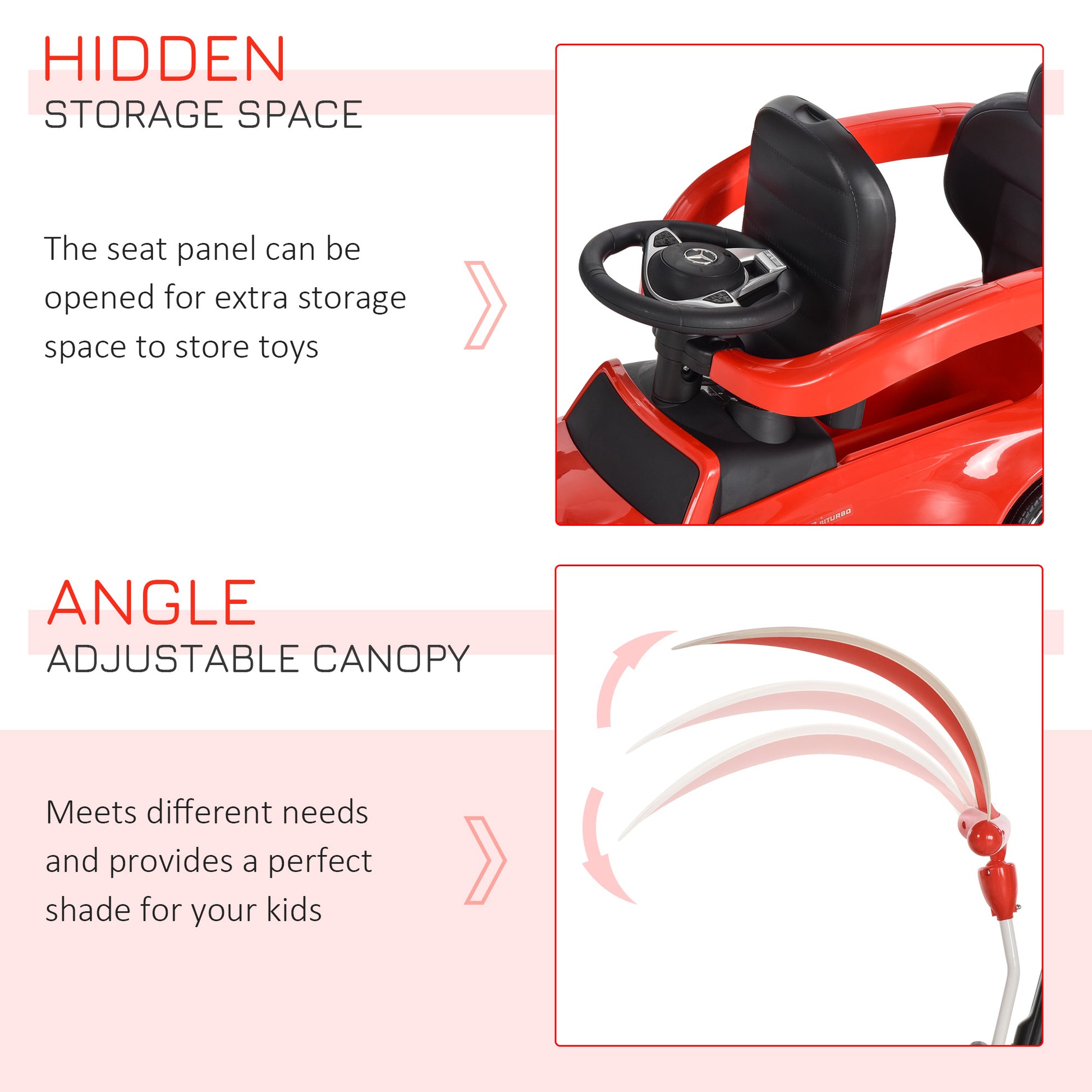 HOMCOM 3 in 1 Ride On Push Along Car Mercedes Benz for Toddlers Stroller Sliding Walking Car with Sun Canopy Horn Safety Bar Cup Holder Ride on Toy
