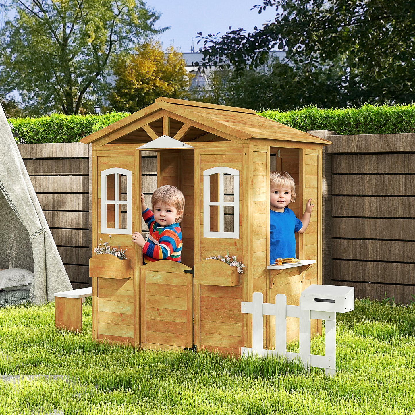 Outsunny Wooden Playhouse for Kids with Door, Windows, Mailbox, Flower Pot Holder, Serving Station, Bench for Children, Yellow