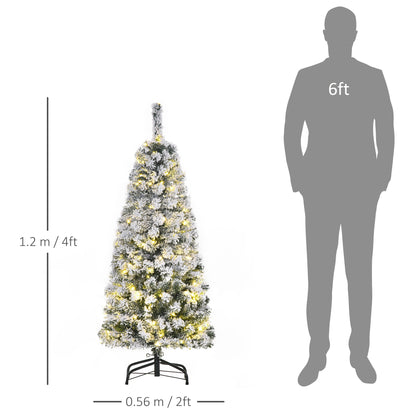 HOMCOM 4ft Prelit Artificial Snow Flocked Christmas Tree with Warm White LED Light, Holiday Home Xmas Decoration, Green White