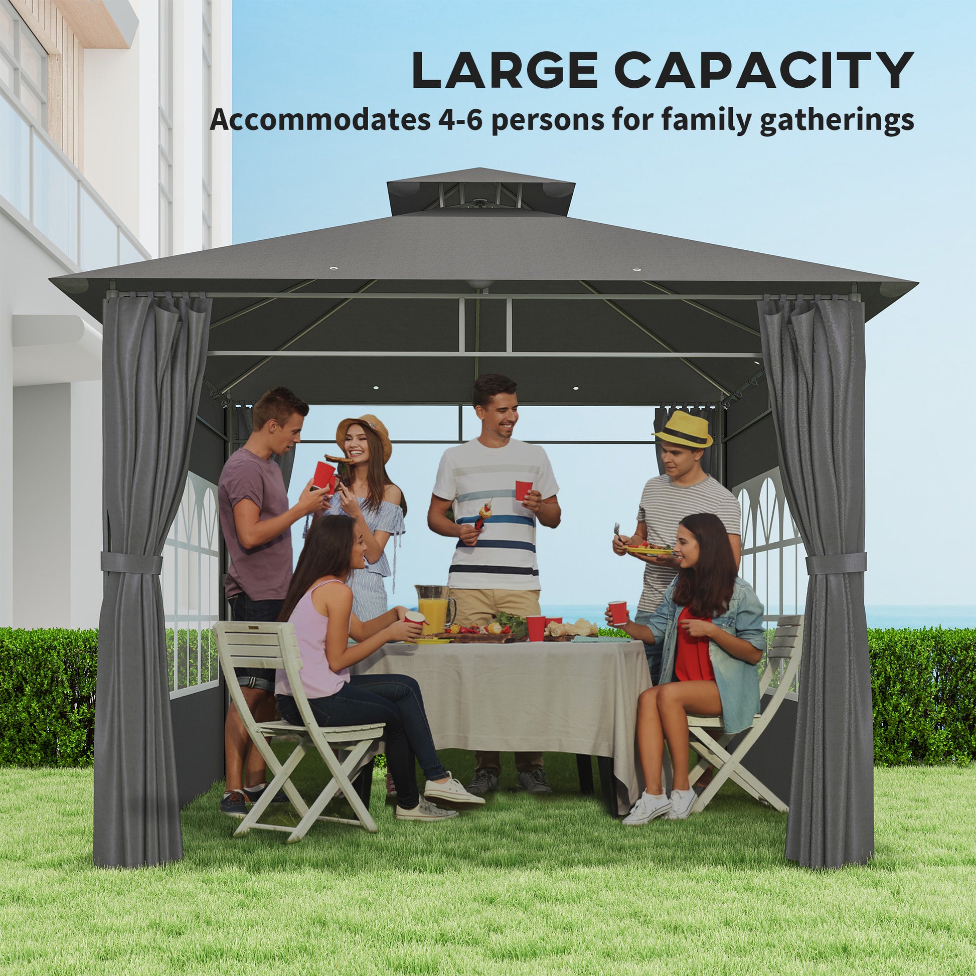 Outsunny 3 x 3 m Garden Gazebo, Double Roof Metal Gazebo with Removable Sidewalls and Church Windows, Outdoor Canopy Shelter, Dark Grey