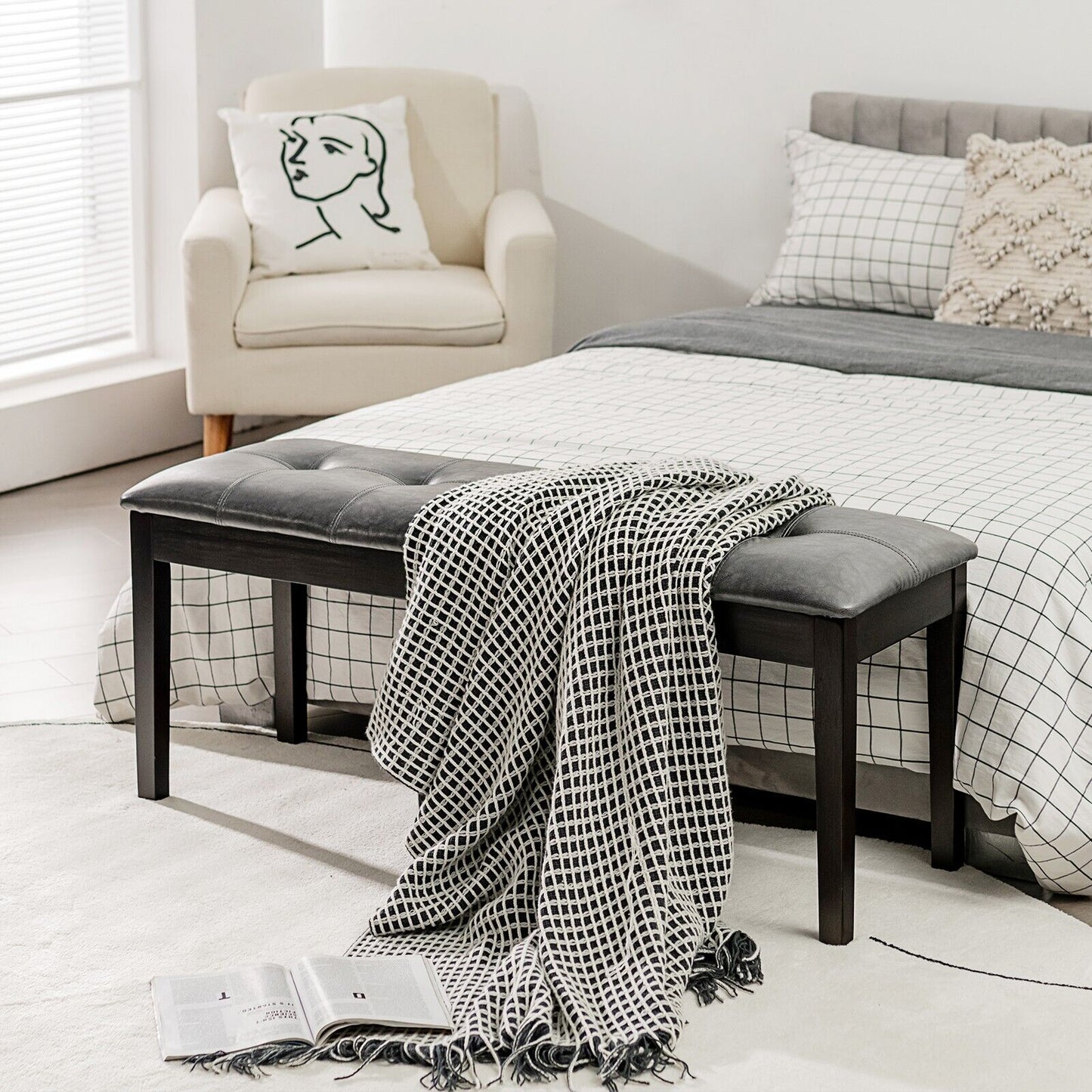 Upholstered PU Dining Bench with Padded Seat for Hallway Bedroom-Grey