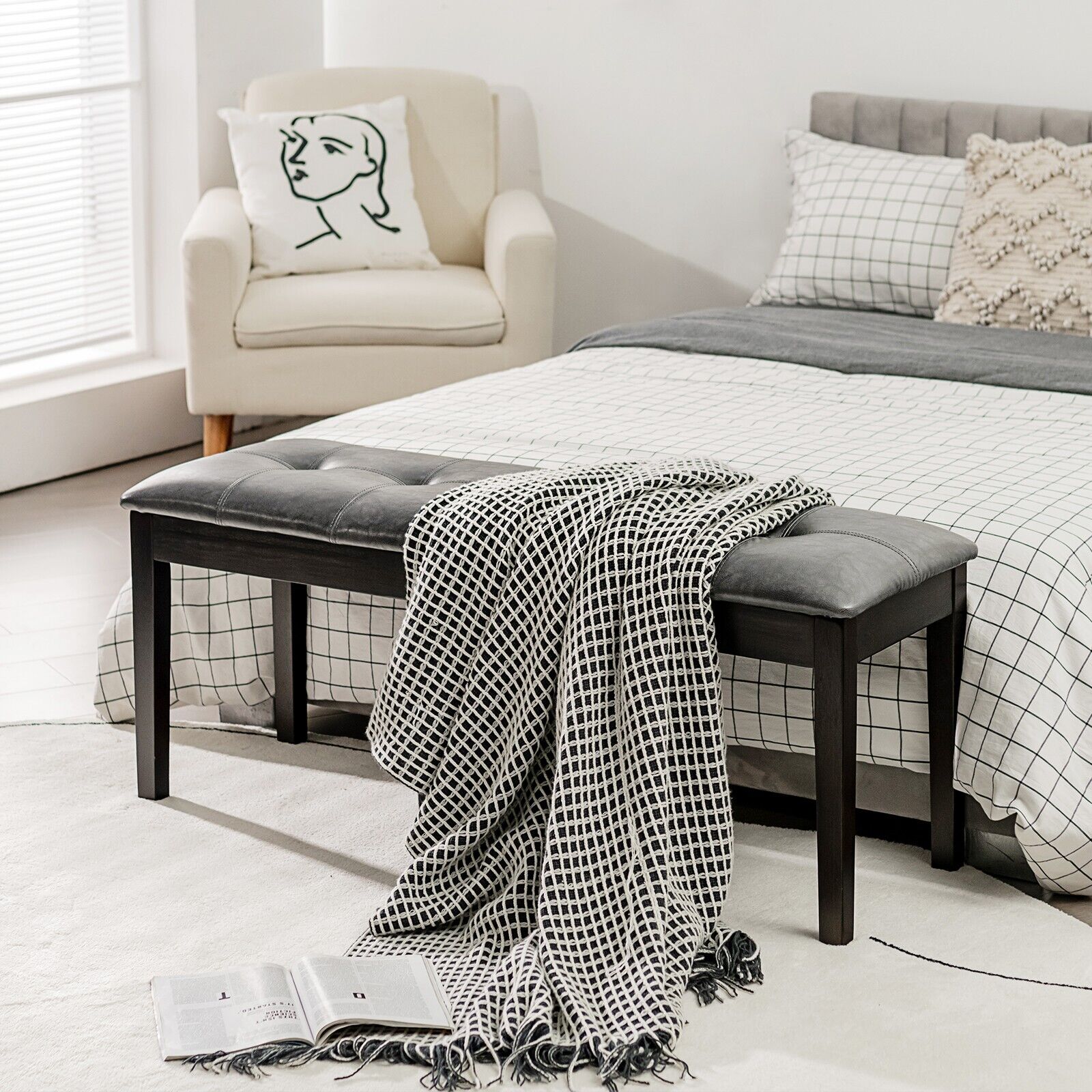 Upholstered PU Dining Bench with Padded Seat for Hallway Bedroom-Grey