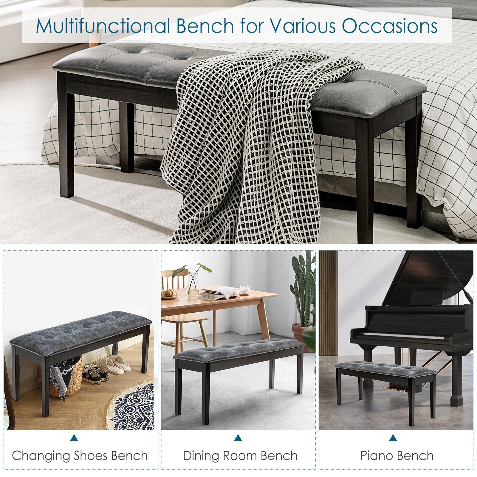 Upholstered PU Dining Bench with Padded Seat for Hallway Bedroom-Grey