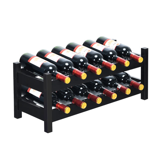 2-Tier Bamboo Wine Rack with 12-Bottle Storage and Arc Design-Dark Brown