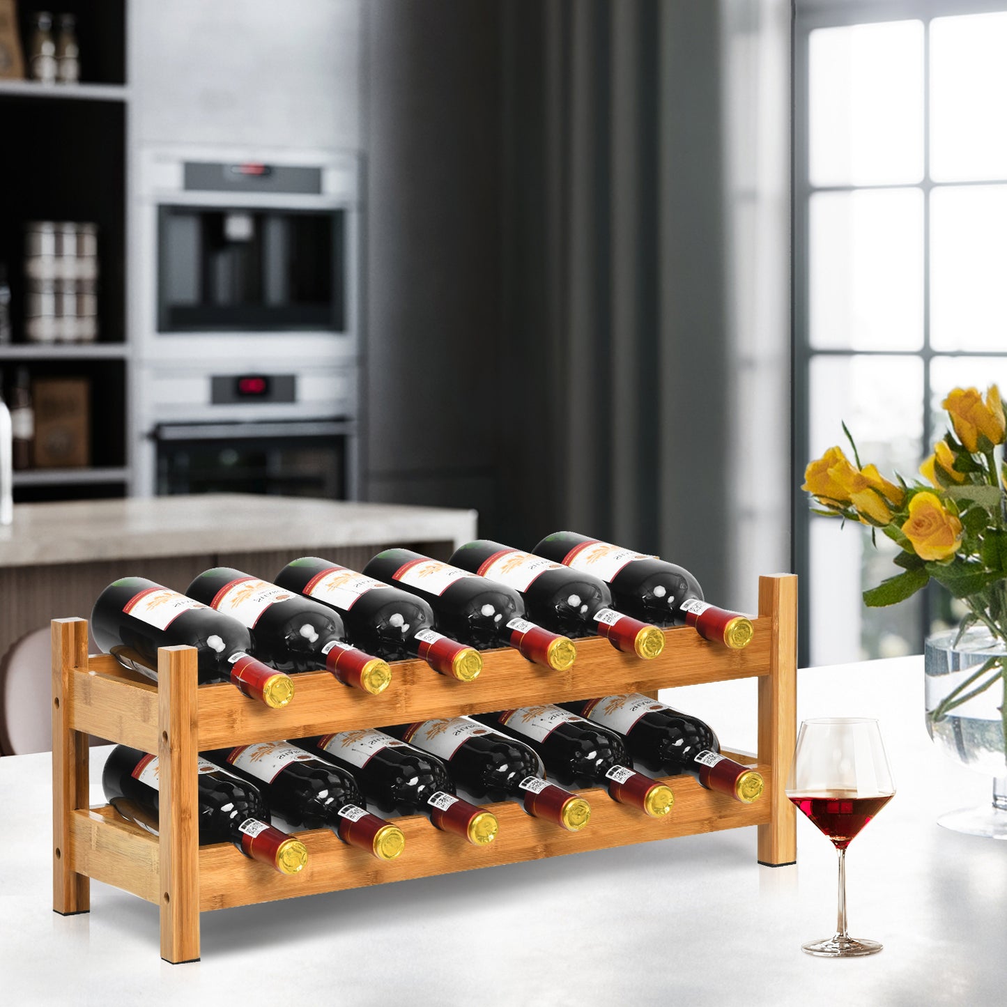 2-Tier Bamboo Wine Rack with 12-Bottle Storage and Arc Design-Natural
