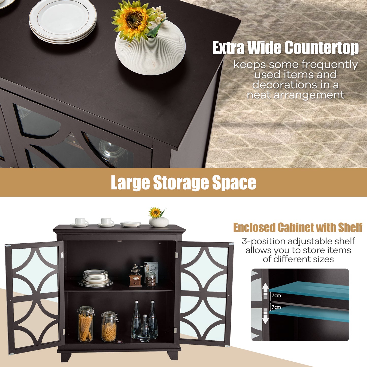 Freestanding Buffet Sideboard with Adjustable Shelf and Cabinet-Coffee