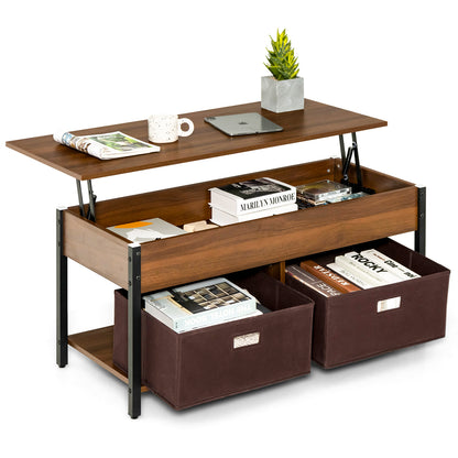 Lift Up Top Coffee Table with Hidden Storage Compartment and Drawers-Brown