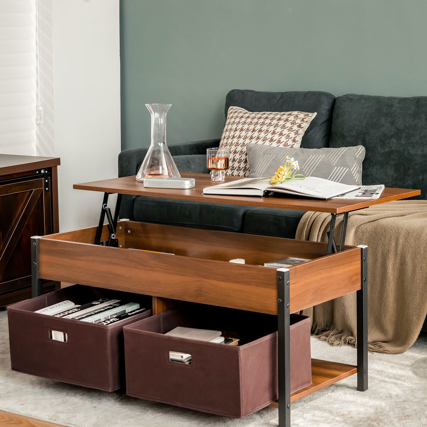 Lift Up Top Coffee Table with Hidden Storage Compartment and Drawers-Brown