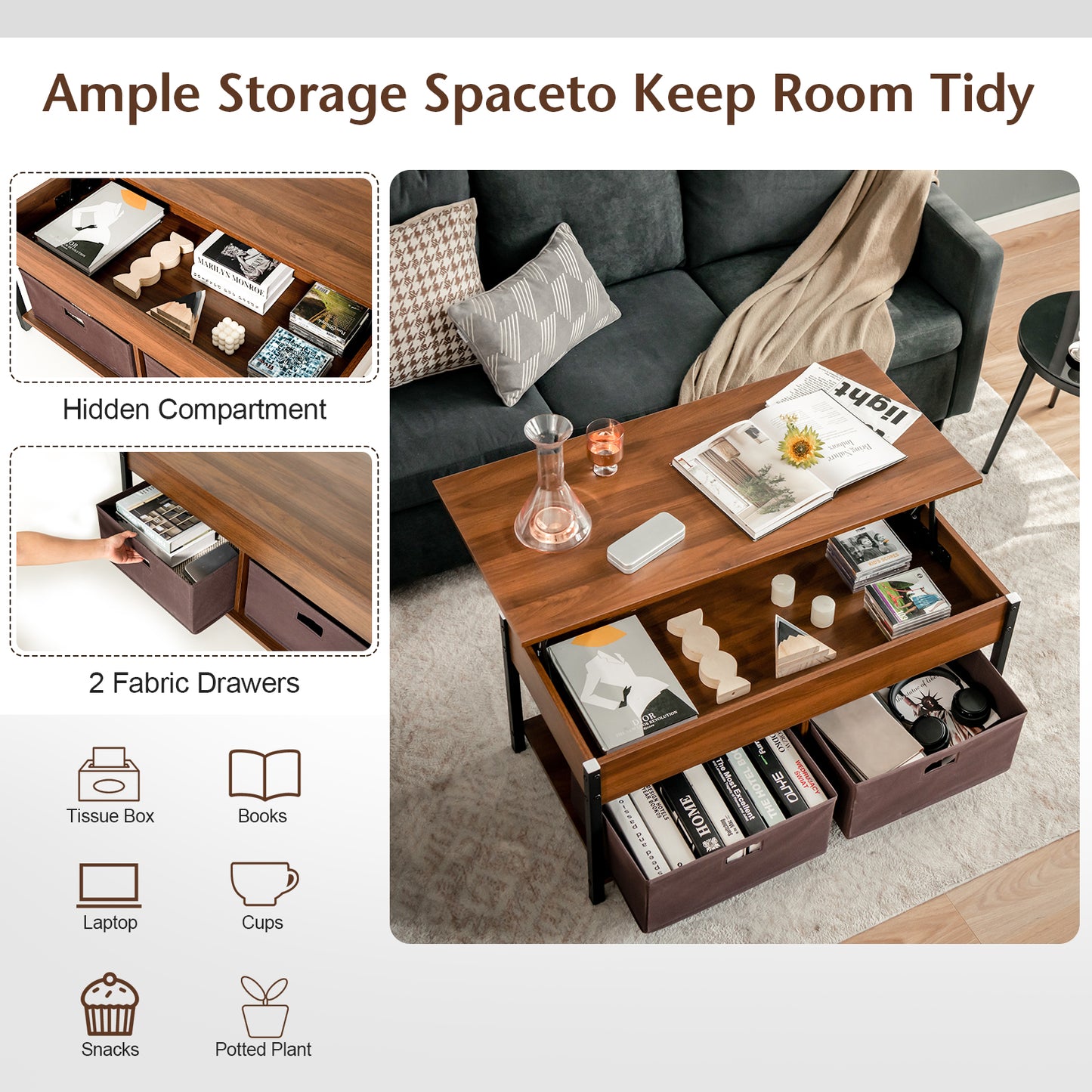 Lift Up Top Coffee Table with Hidden Storage Compartment and Drawers-Brown