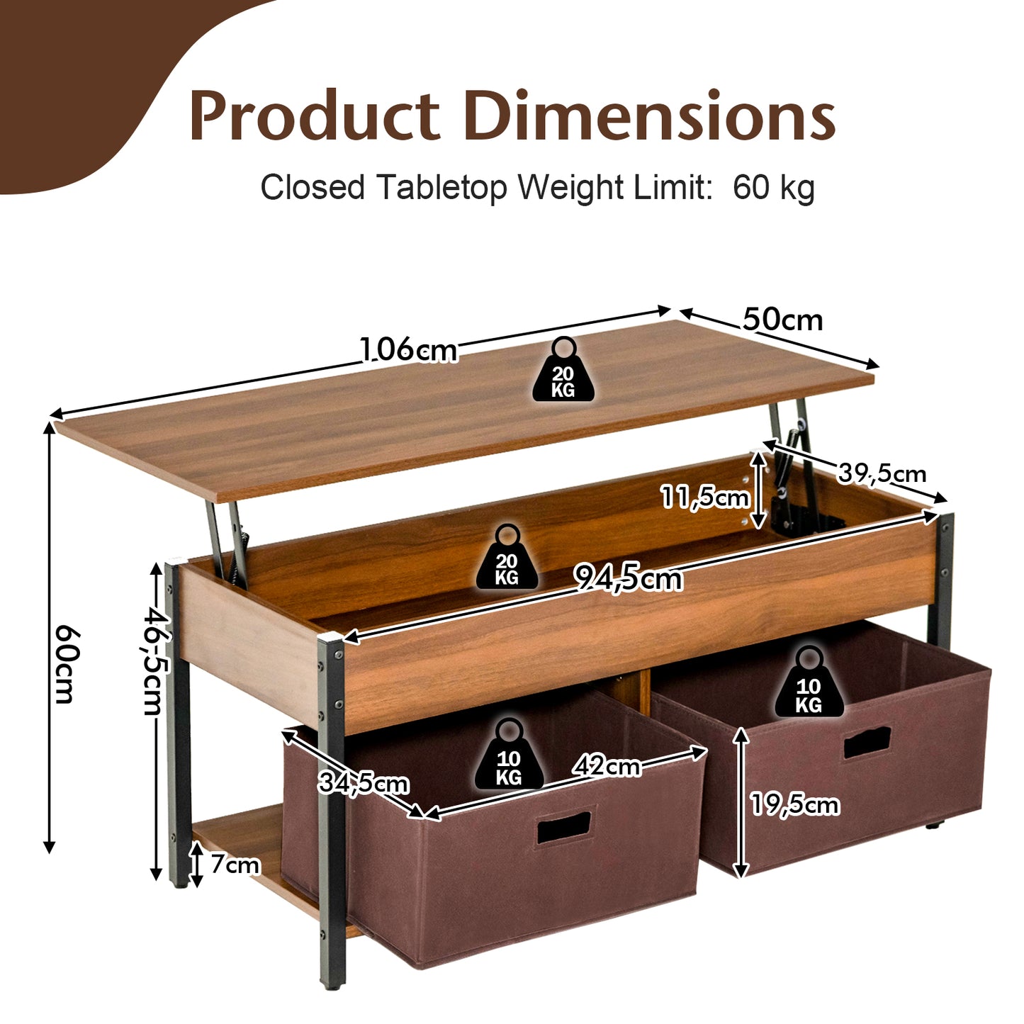 Lift Up Top Coffee Table with Hidden Storage Compartment and Drawers-Brown
