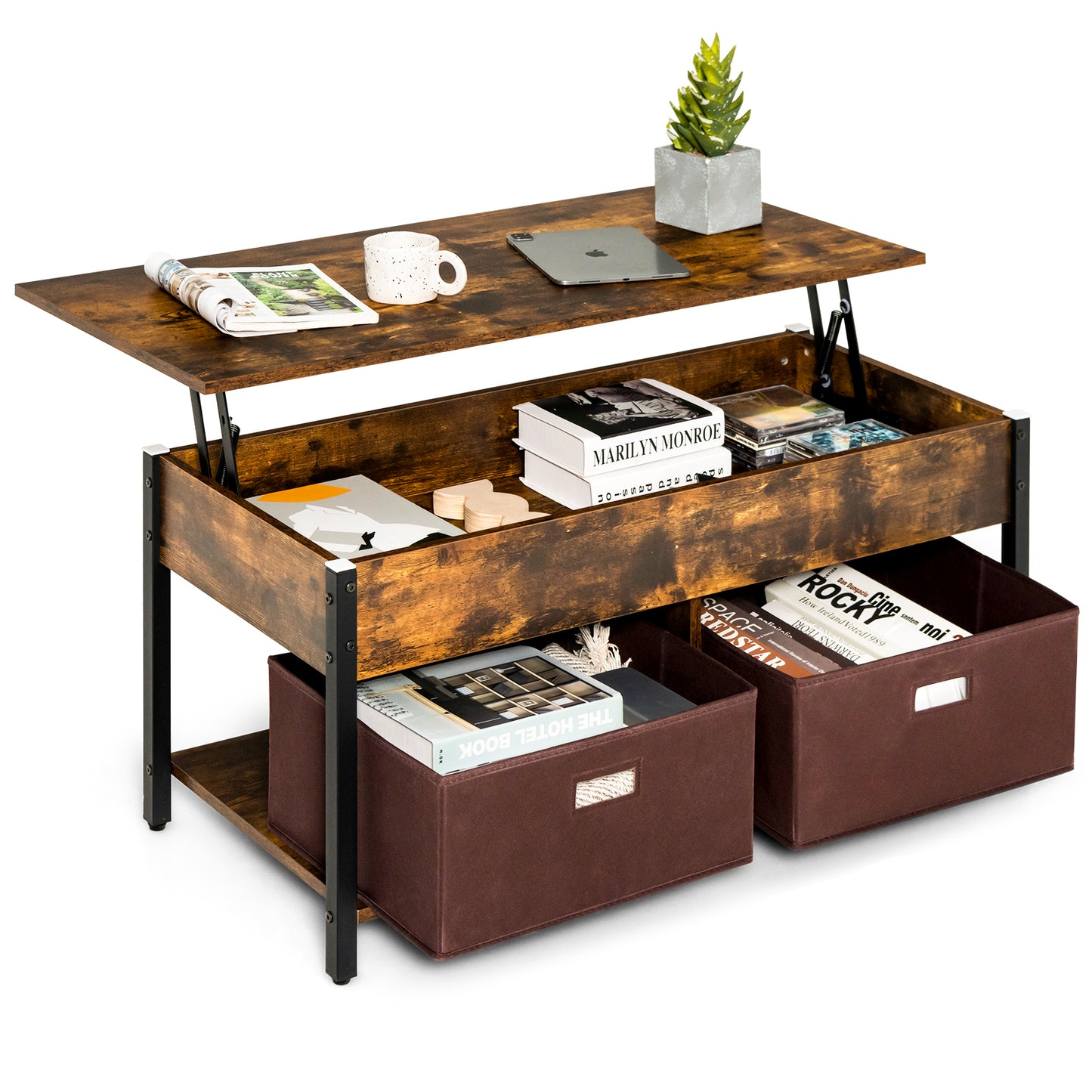 Lift Up Top Coffee Table with Hidden Storage Compartment and Drawers-Rustic Brown