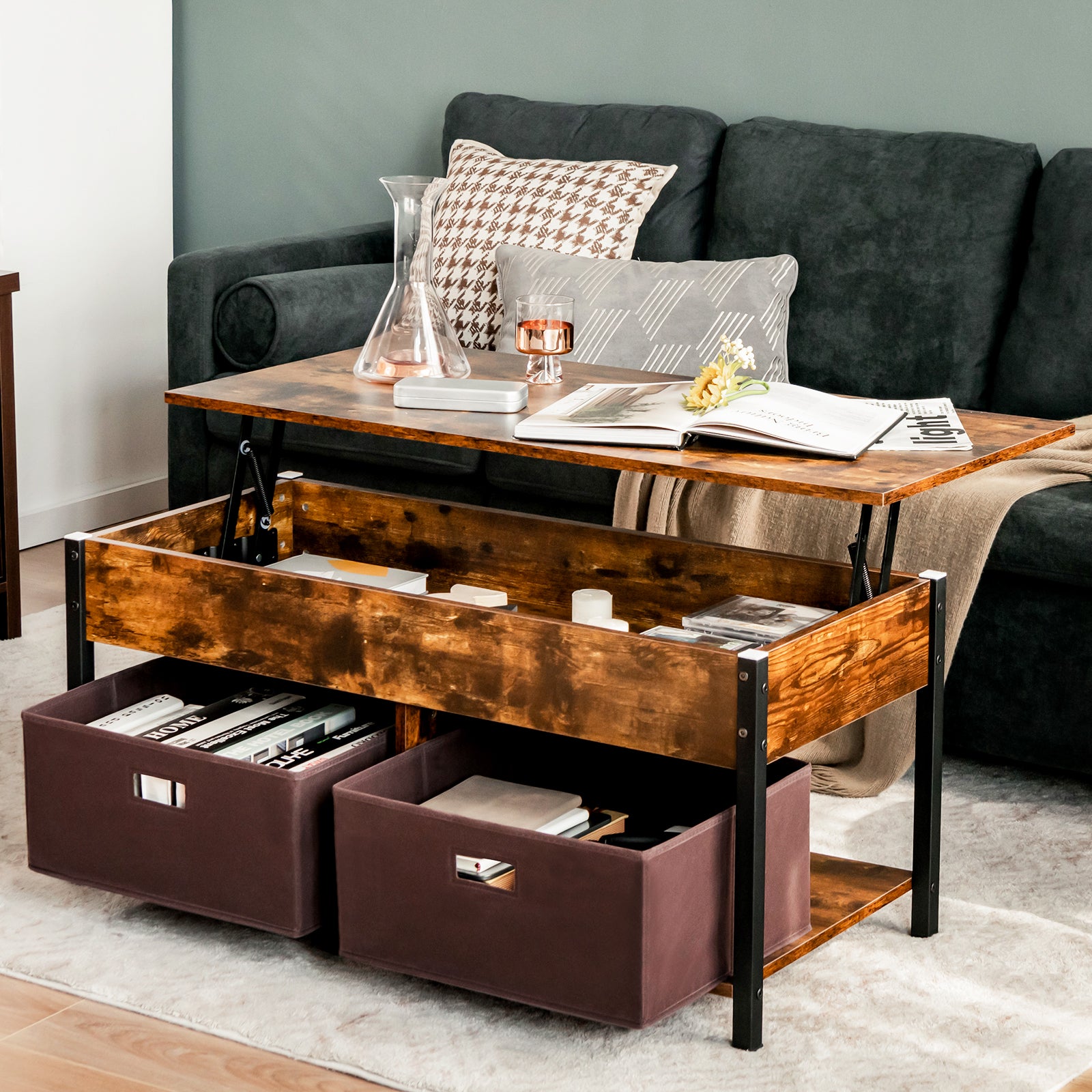 Lift Up Top Coffee Table with Hidden Storage Compartment and Drawers-Rustic Brown