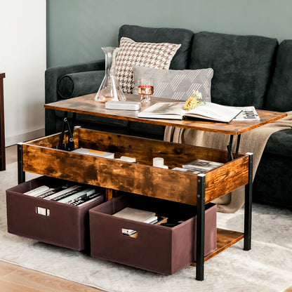 Lift Up Top Coffee Table with Hidden Storage Compartment and Drawers-Rustic Brown