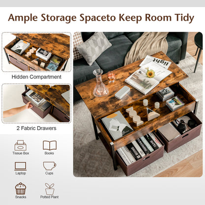 Lift Up Top Coffee Table with Hidden Storage Compartment and Drawers-Rustic Brown