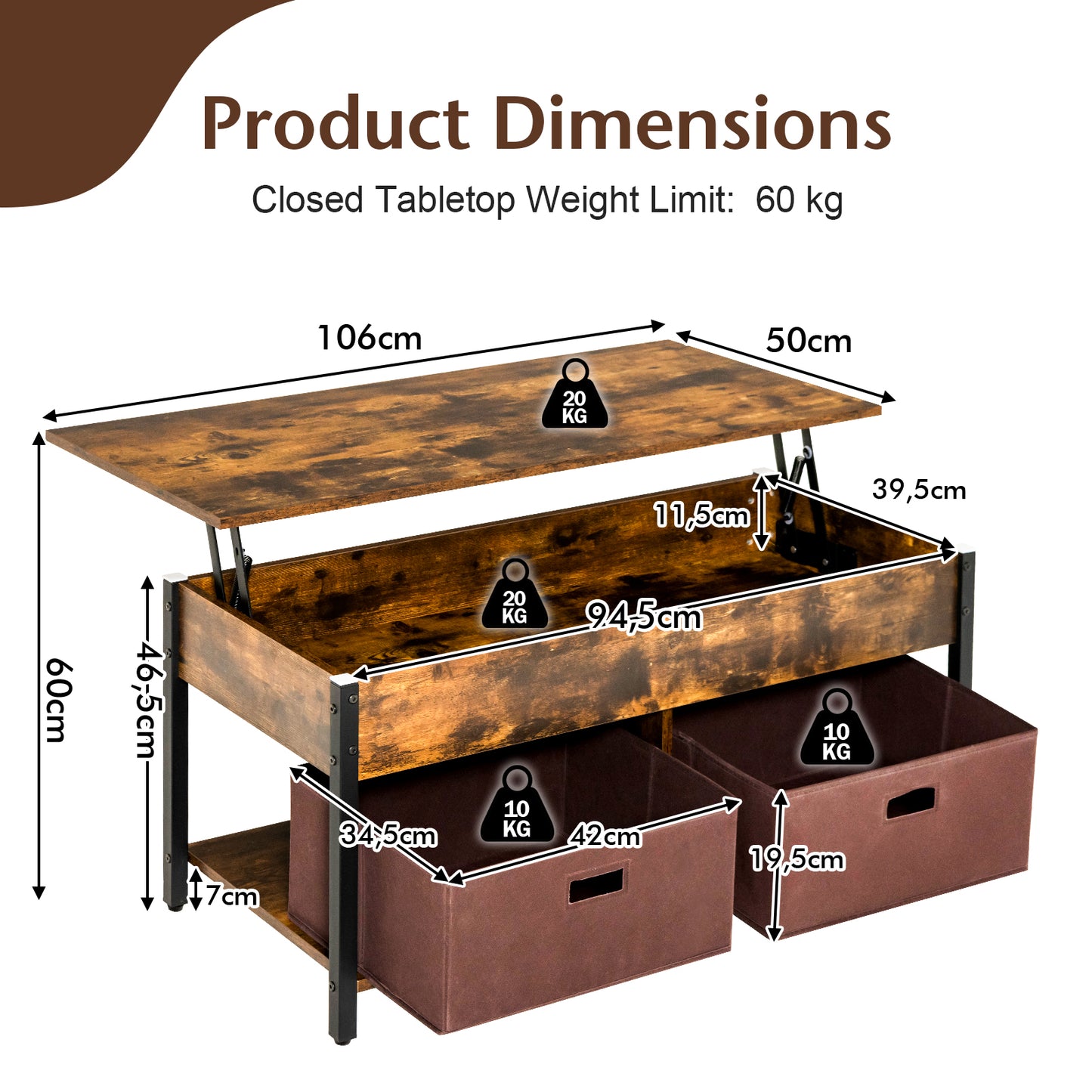 Lift Up Top Coffee Table with Hidden Storage Compartment and Drawers-Rustic Brown