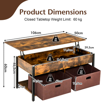 Lift Up Top Coffee Table with Hidden Storage Compartment and Drawers-Rustic Brown