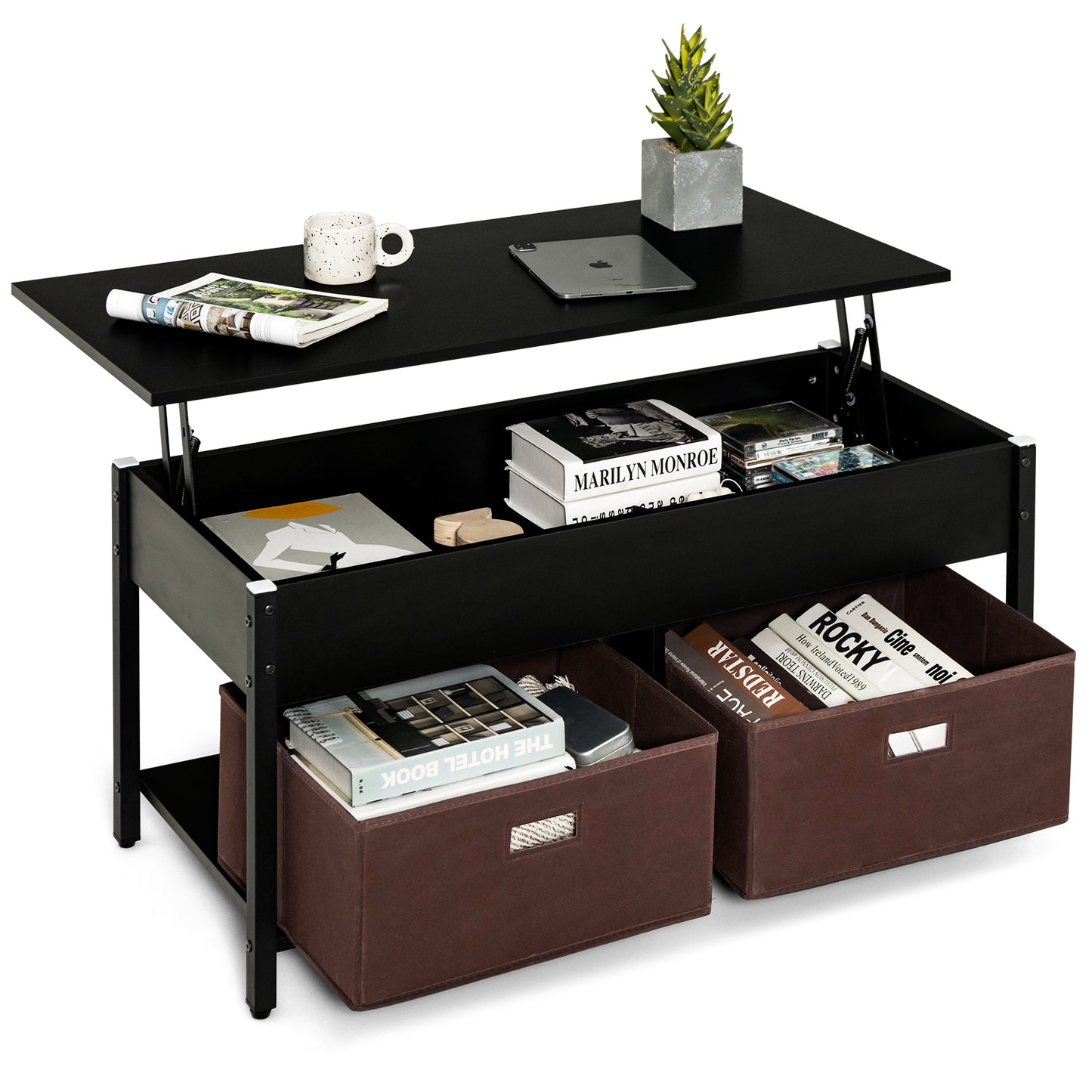 Lift Up Top Coffee Table with Hidden Storage Compartment and Drawers-Black