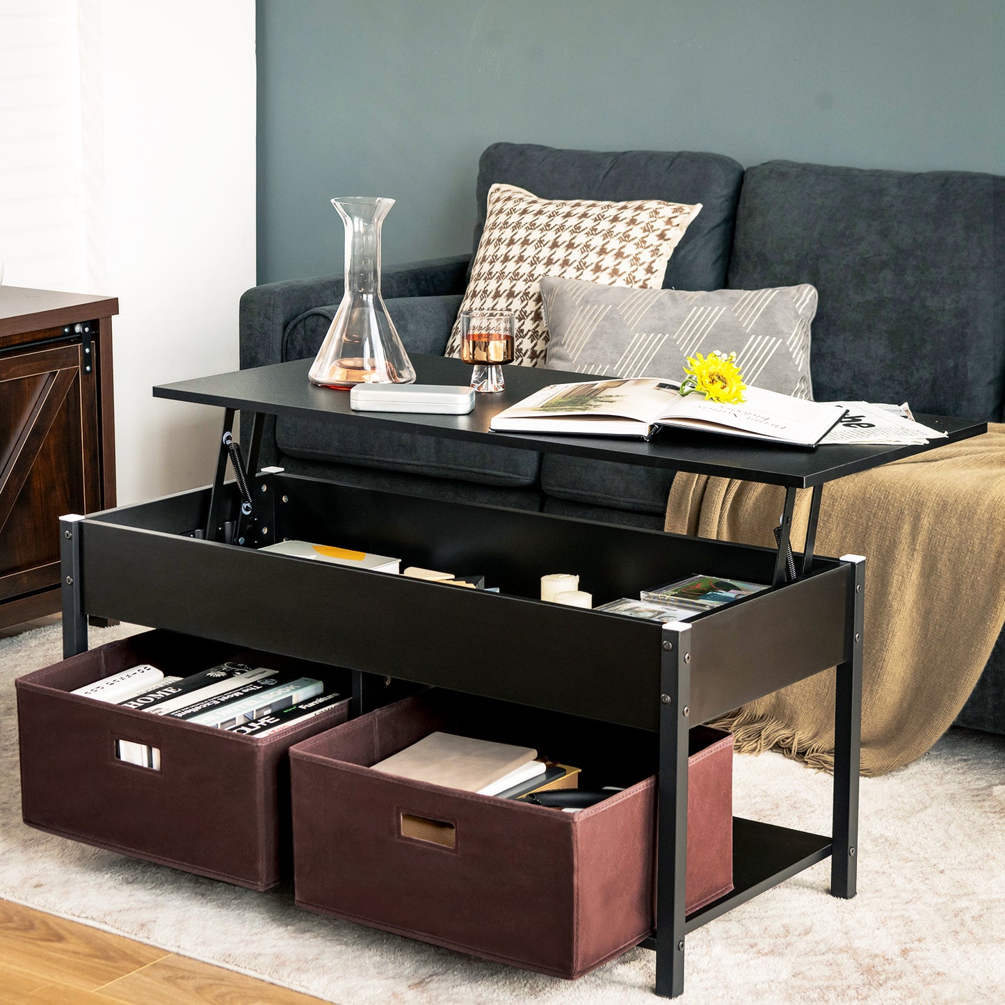 Lift Up Top Coffee Table with Hidden Storage Compartment and Drawers-Black
