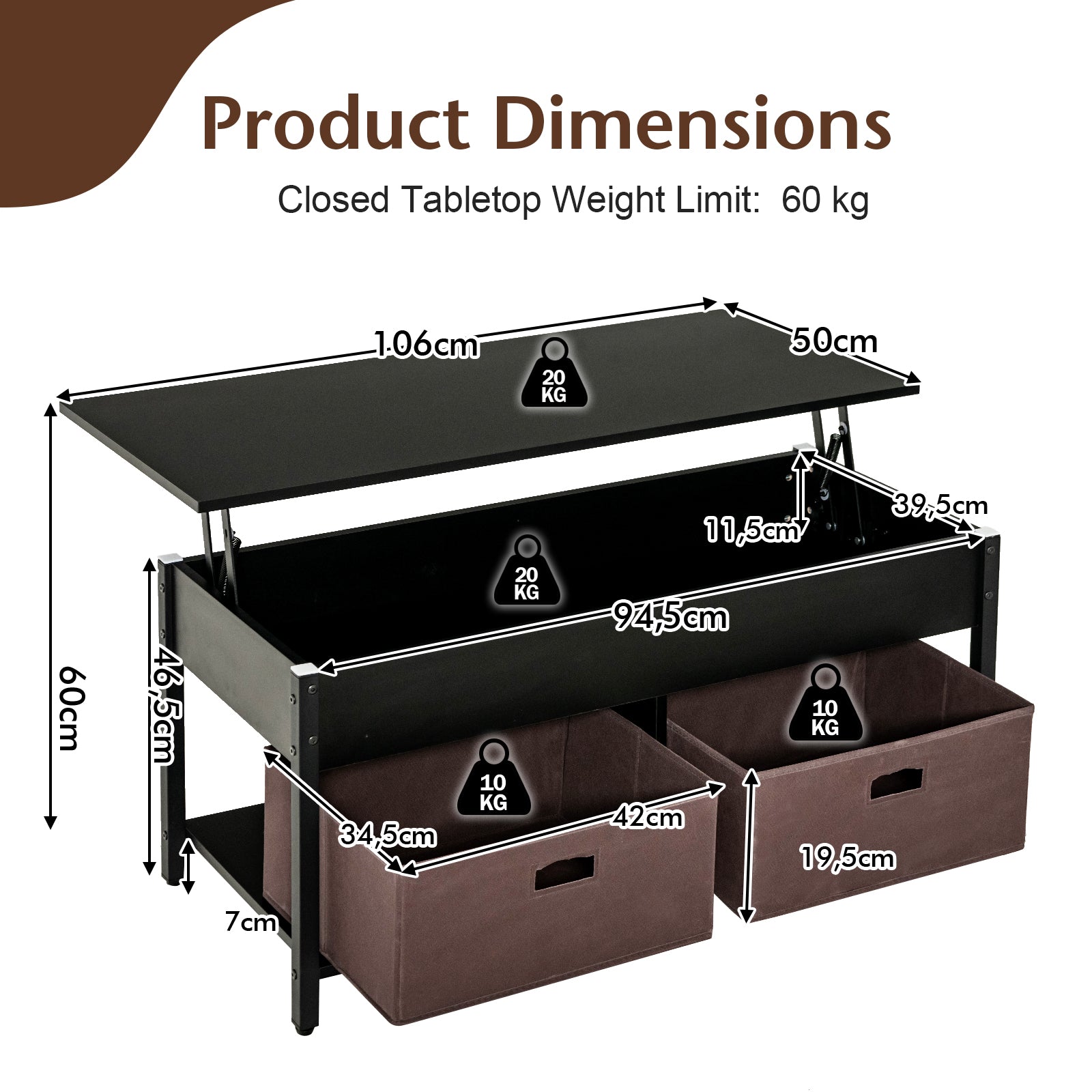 Lift Up Top Coffee Table with Hidden Storage Compartment and Drawers-Black
