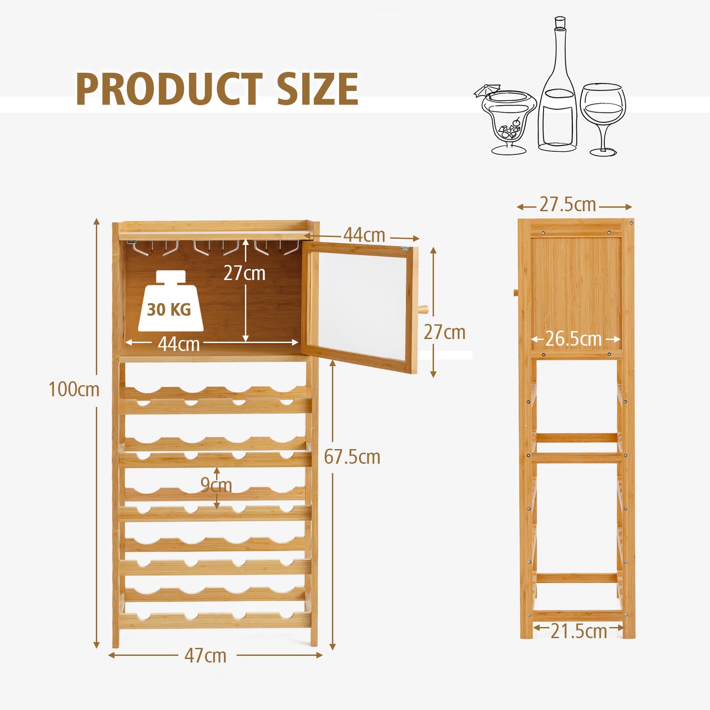 20 Bottles Bamboo Wine Bar Rack Cabinet-Natural