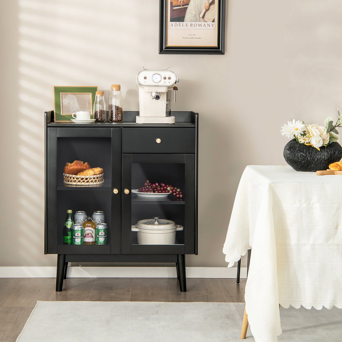 Wooden Kitchen Storage Cabinet with 2 Tempered Glass Doors