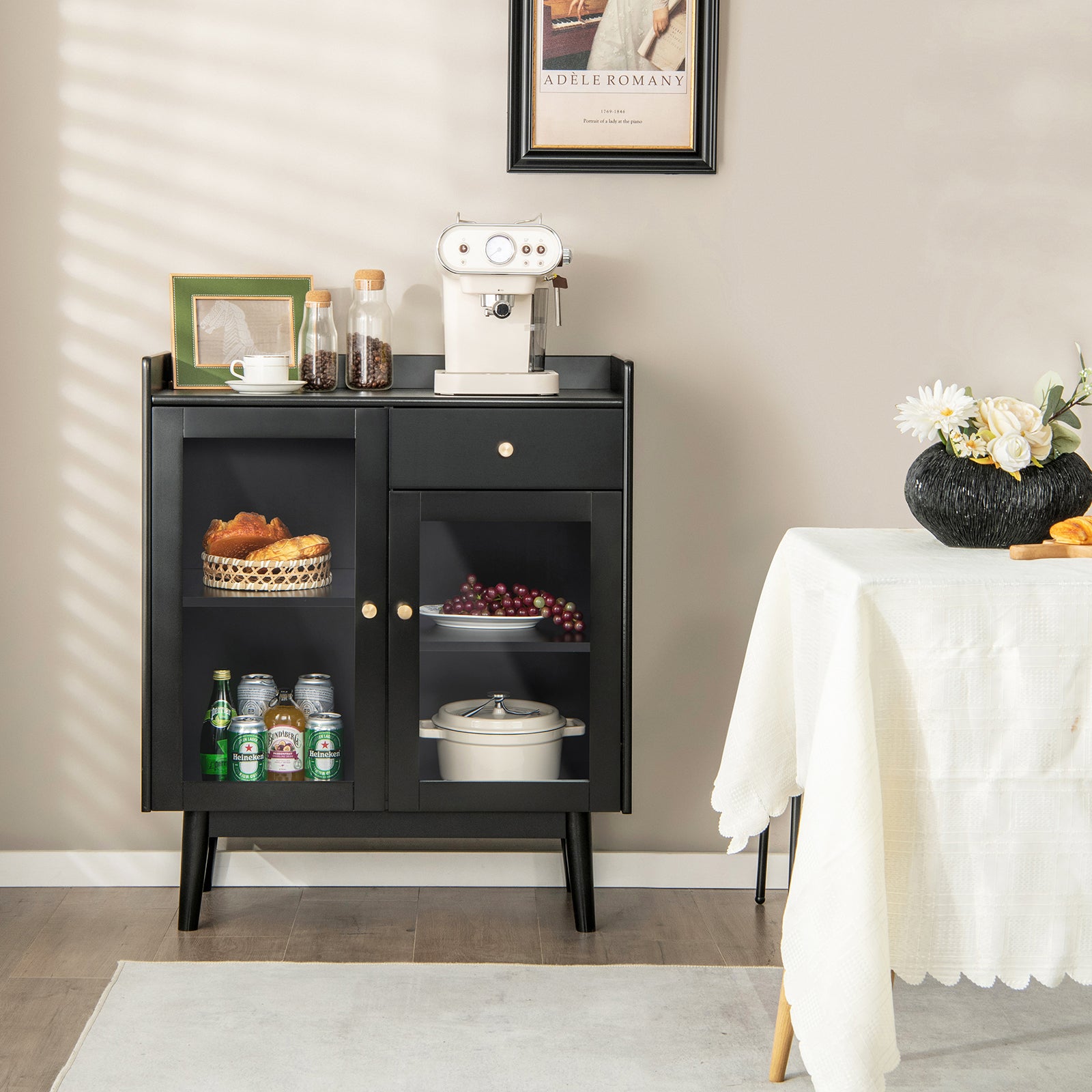 Wooden Kitchen Storage Cabinet with 2 Tempered Glass Doors