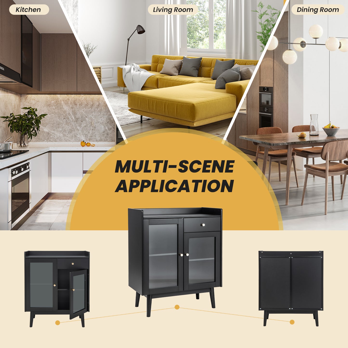 Wooden Kitchen Storage Cabinet with 2 Tempered Glass Doors