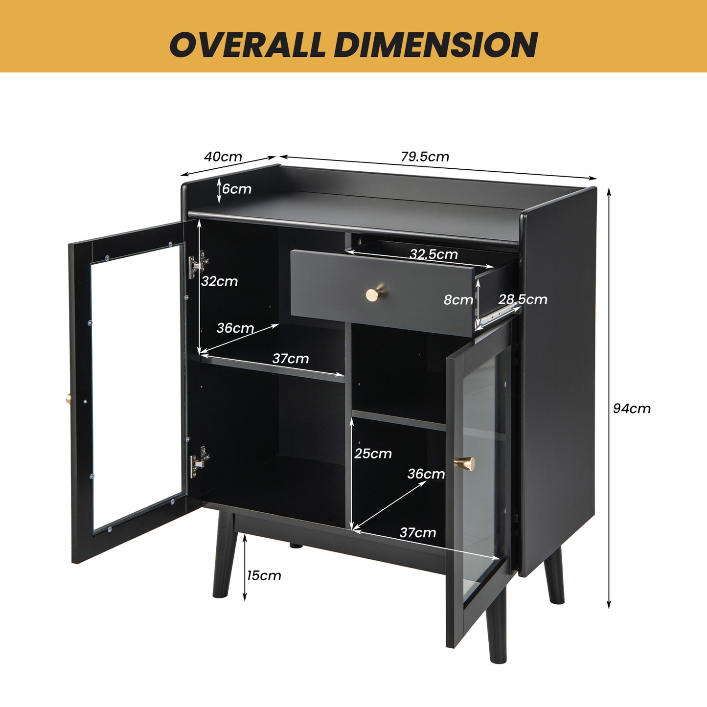 Wooden Kitchen Storage Cabinet with 2 Tempered Glass Doors