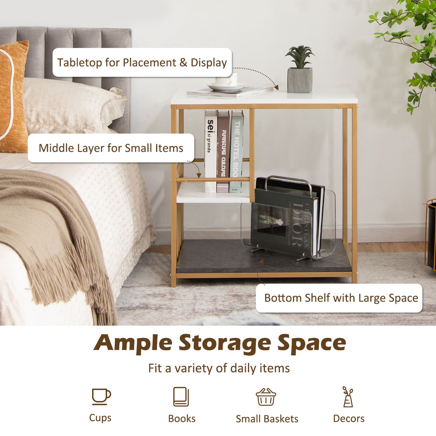 3-Tier Modern Faux Sofa Side Table with Storage Shelf for Bedroom