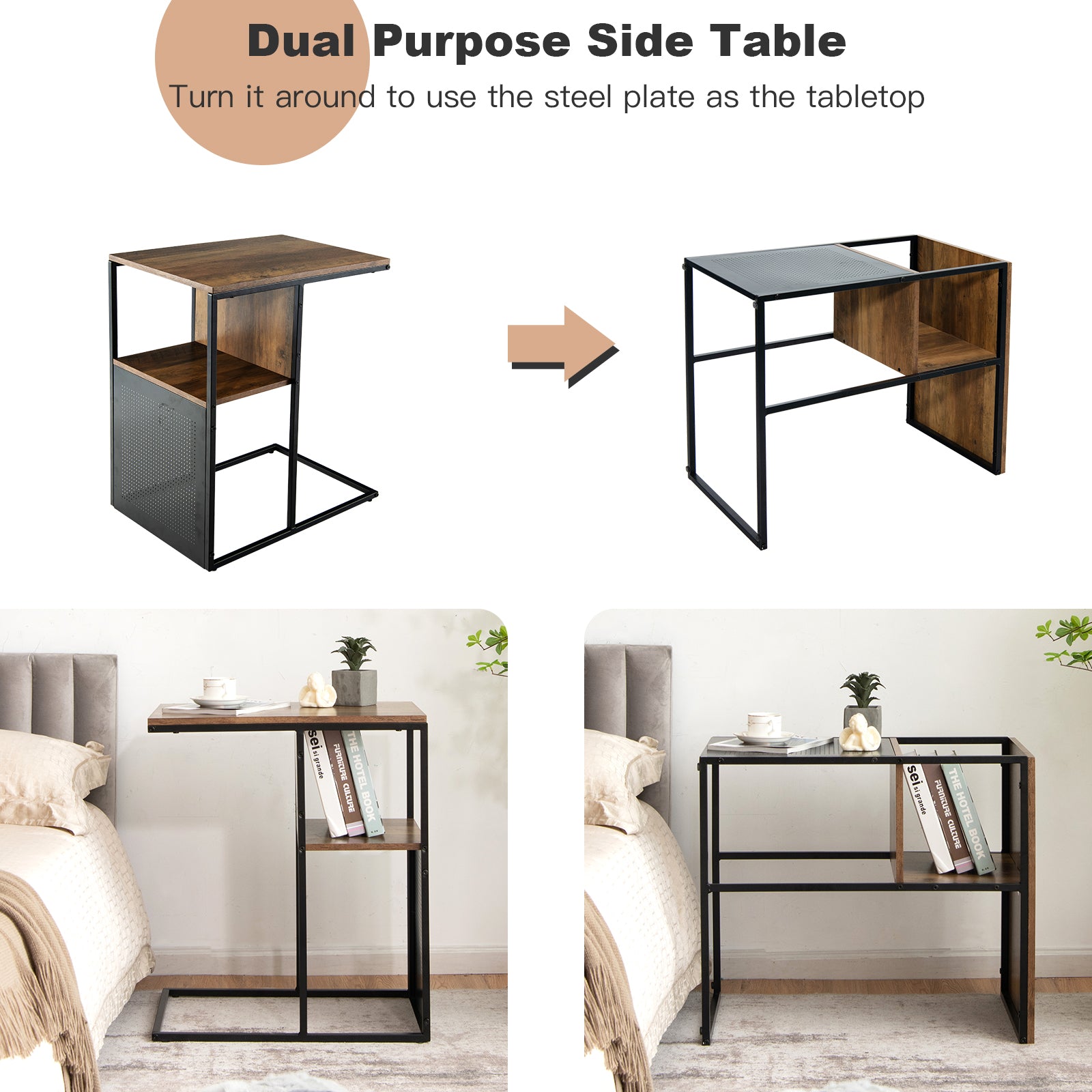 C-Shaped Reversible End Table with Storage Shelf