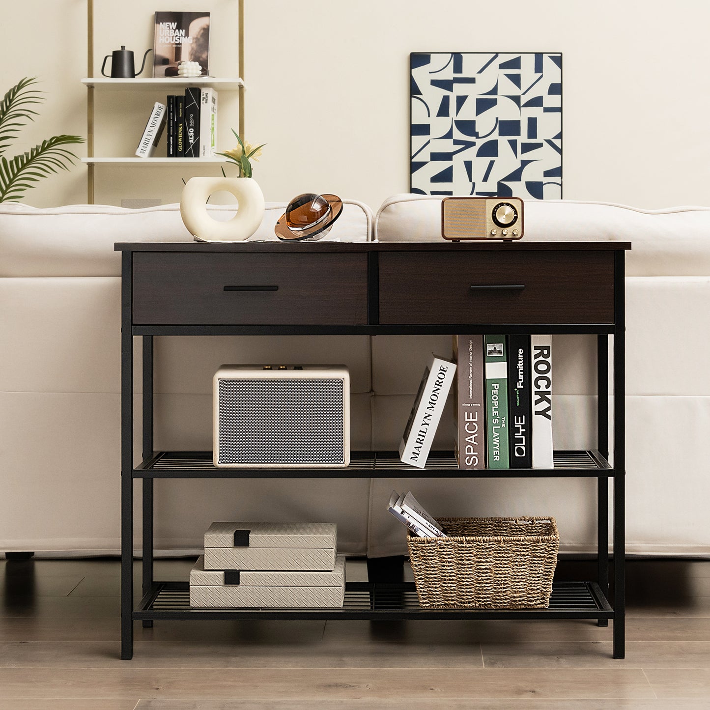 Entryway Console Table with 2 Drawers and 2-Tier Shelves-Brown