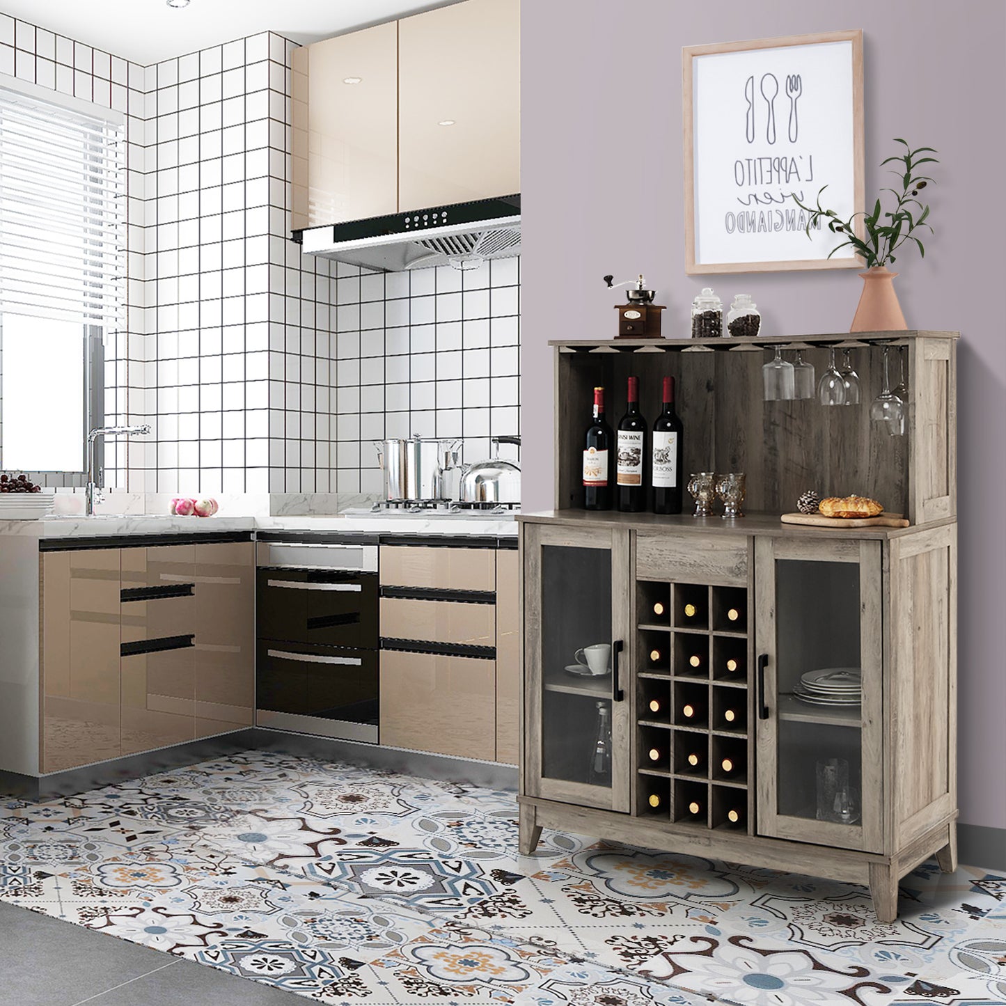 Kitchen Cabinet Sideboard Sideboard with 15 Removable Wine Rack-Grey