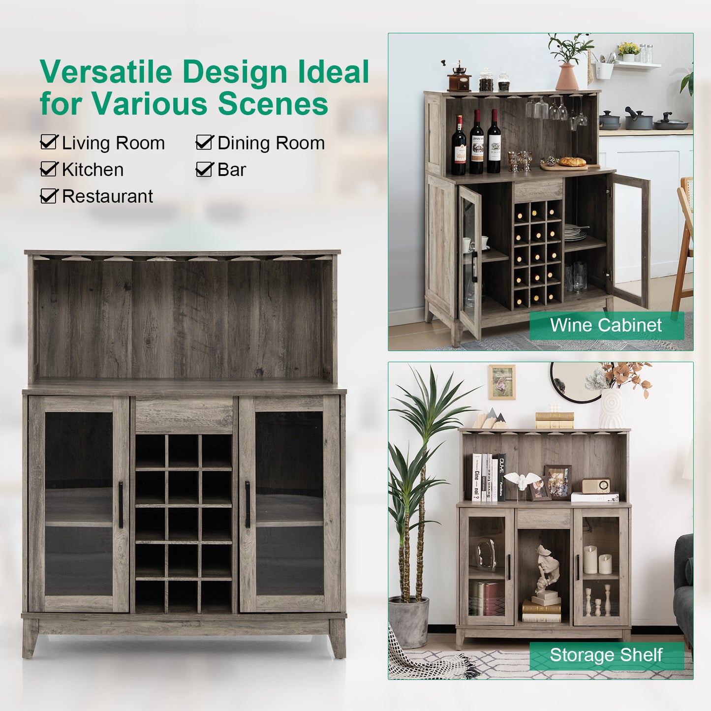 Kitchen Cabinet Sideboard Sideboard with 15 Removable Wine Rack-Grey