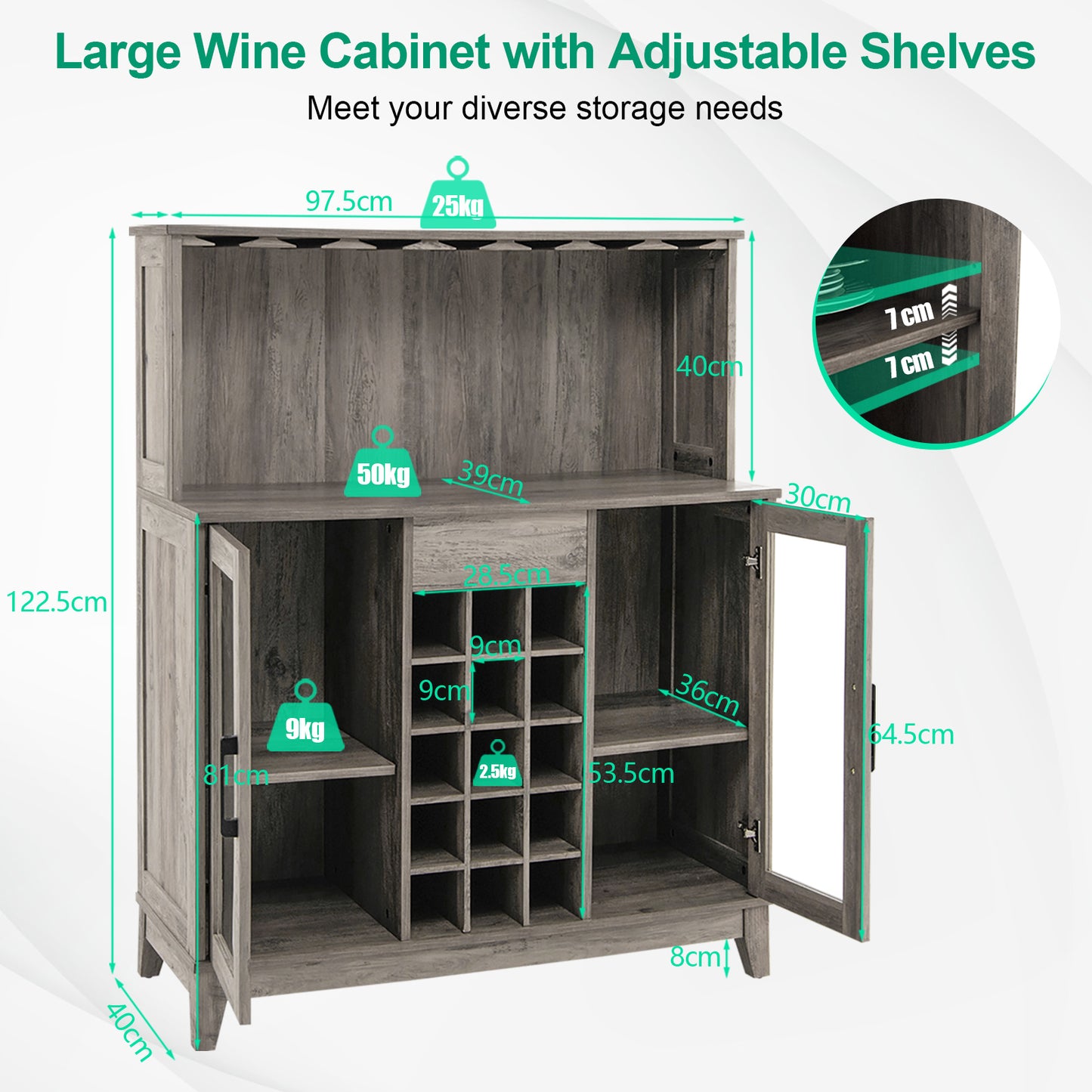 Kitchen Cabinet Sideboard Sideboard with 15 Removable Wine Rack-Grey
