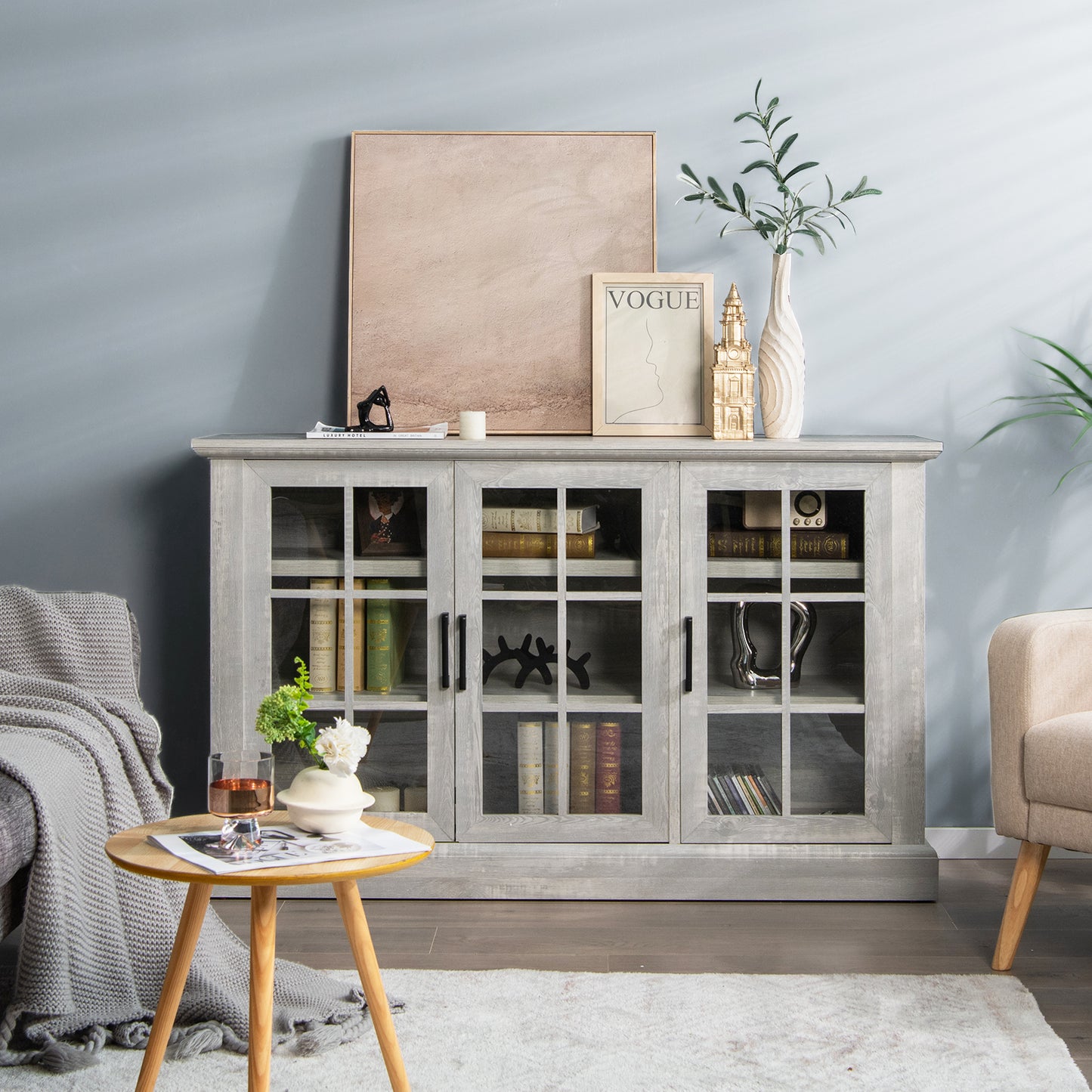 Wooden Kitchen Sideboard with 3 Glass Doors and Adjustable Shelves-Grey