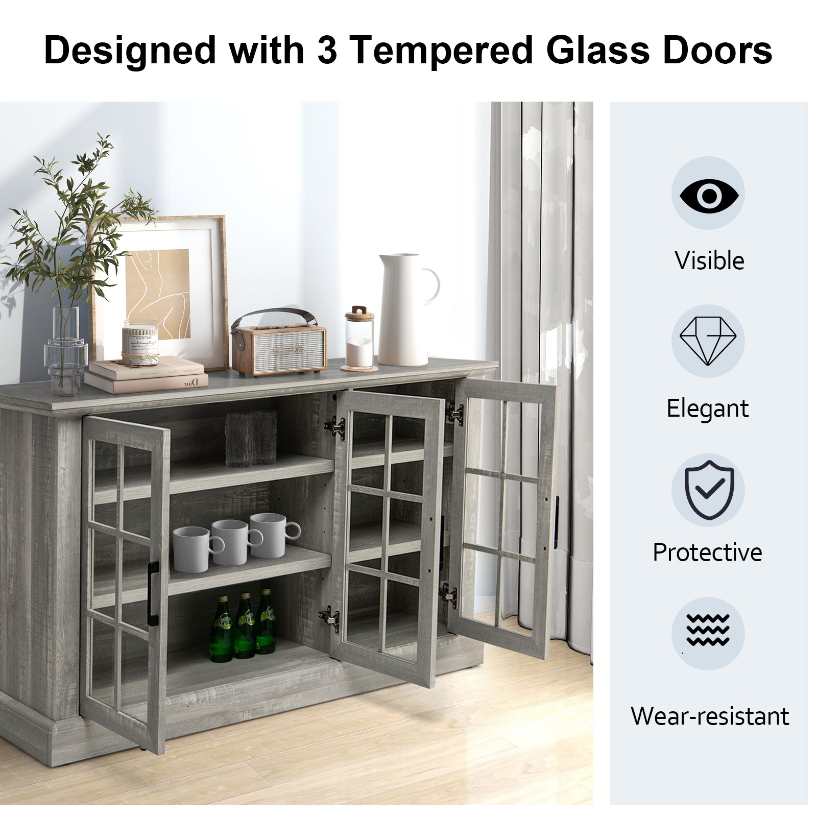 Wooden Kitchen Sideboard with 3 Glass Doors and Adjustable Shelves-Grey