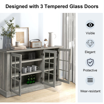 Wooden Kitchen Sideboard with 3 Glass Doors and Adjustable Shelves-Grey