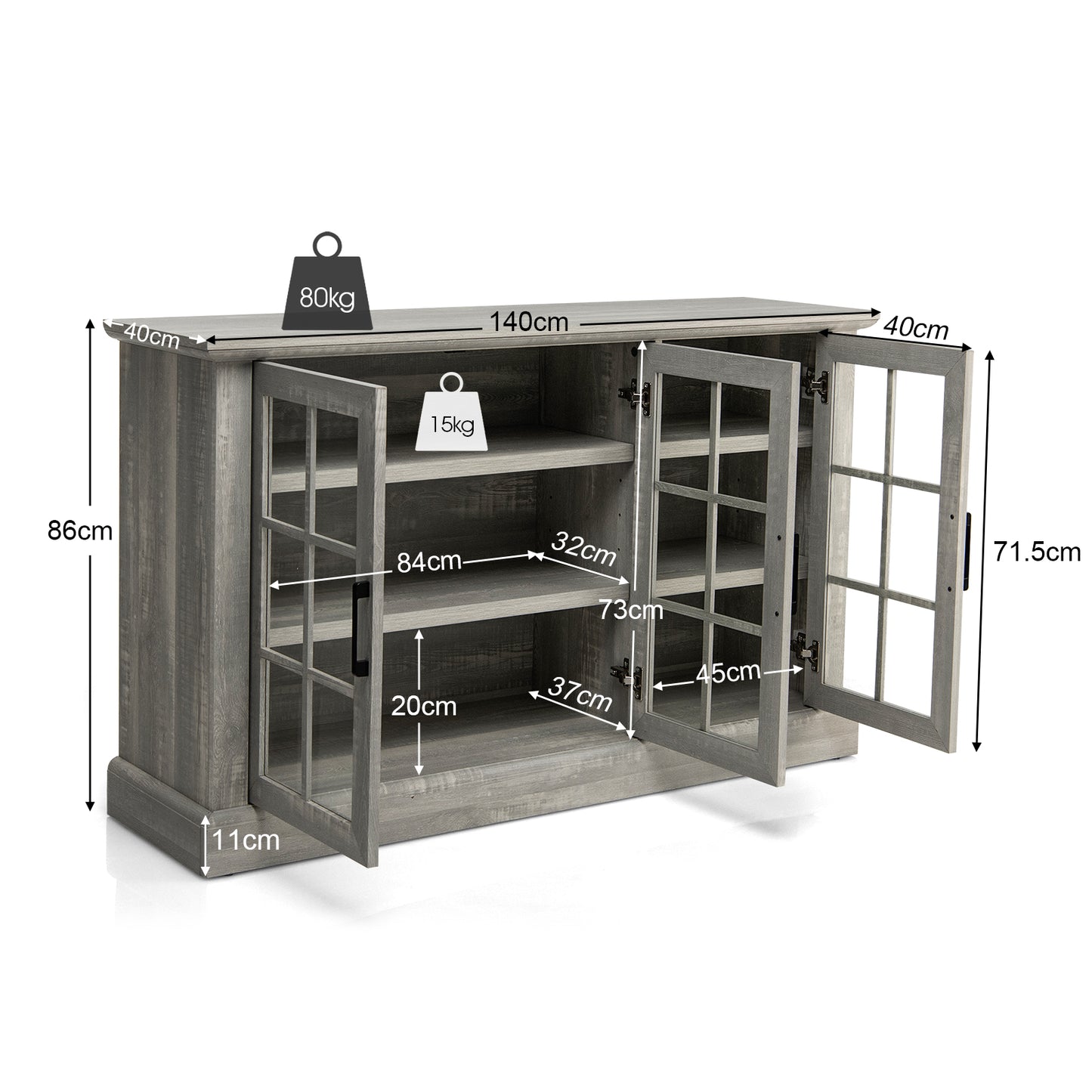 Wooden Kitchen Sideboard with 3 Glass Doors and Adjustable Shelves-Grey