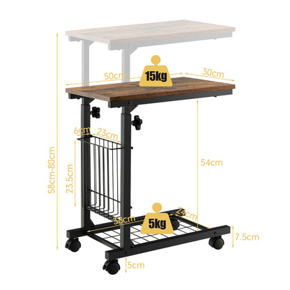 C-shape Adjustable End Table with Storage Basket-Rustic Brown