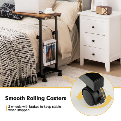 C-shape Adjustable End Table with Storage Basket-Rustic Brown