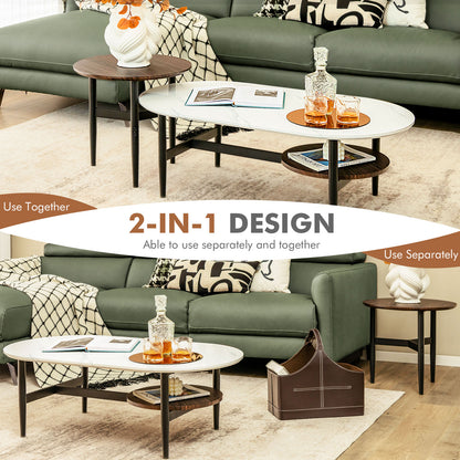 2 Pieces Stacking Coffee Table Set with Faux Marble Top-White