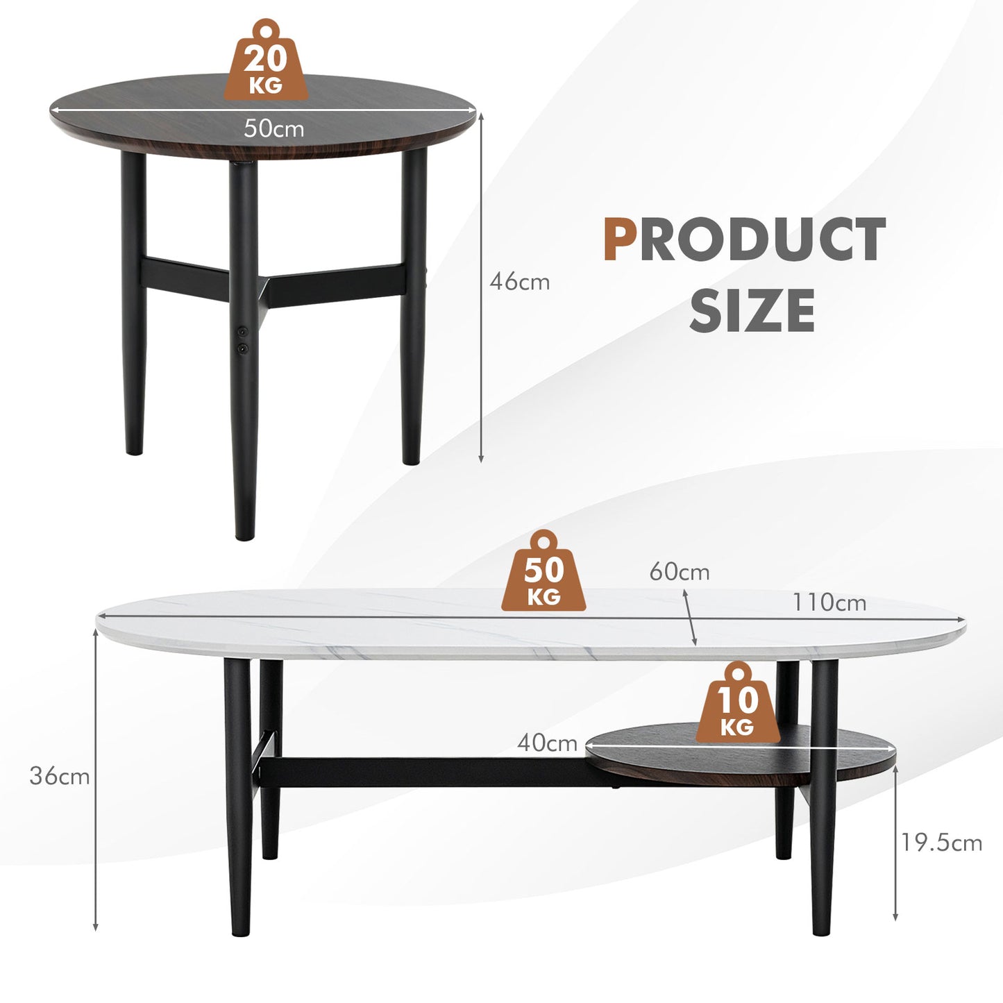2 Pieces Stacking Coffee Table Set with Faux Marble Top-White