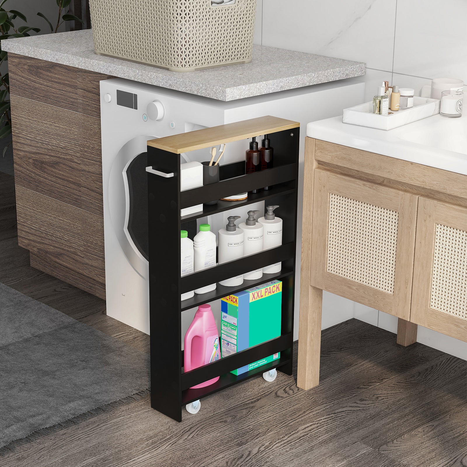 4-Tier Slide-out Rolling Slim Storage Trolley for Kitchen Dining Room-Black