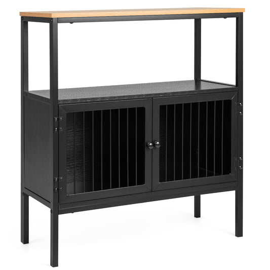 Freestanding Wooden Kitchen Sideboard with 2 Doors and Open Shelf-Black